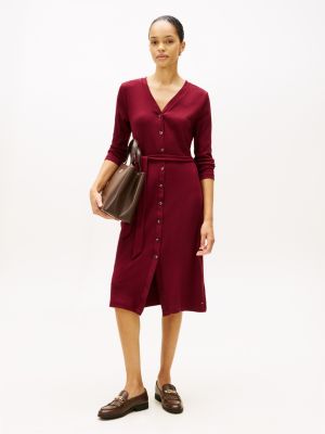 Belted Rib-Knit Cardigan Sweater Dress, Burgundy
