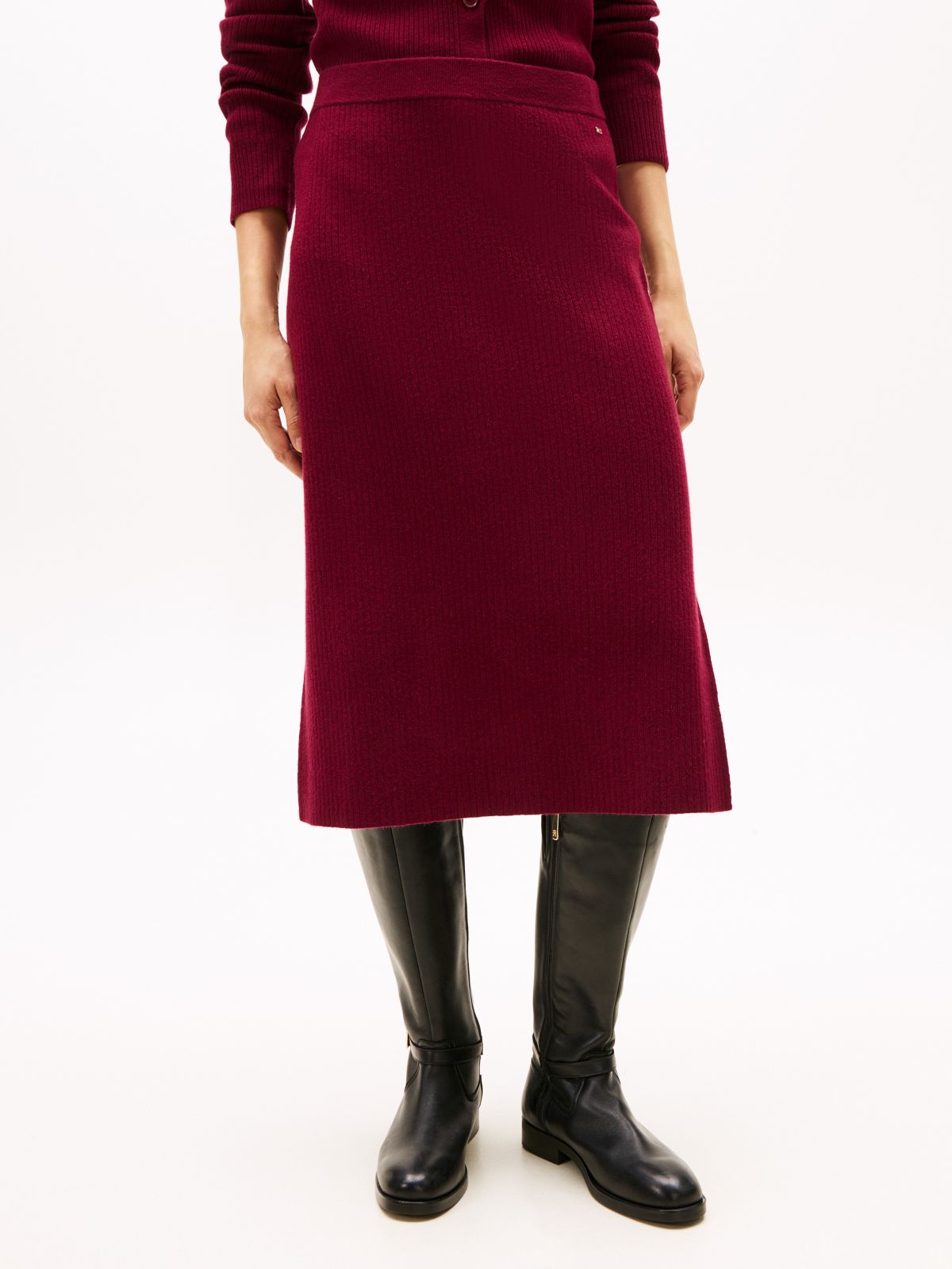 Lightweight Rib-Knit Midi Skirt — Burgundy