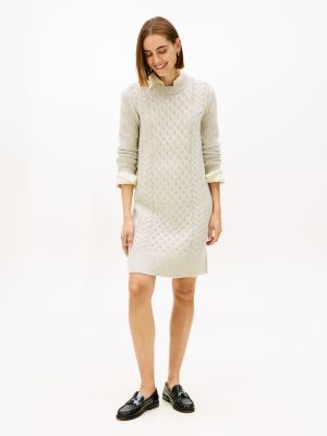 Shimmer Cable Knit Sweater Dress, Beige