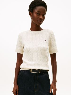 Short-Sleeve Cable Knit Shimmer Sweater, Beige
