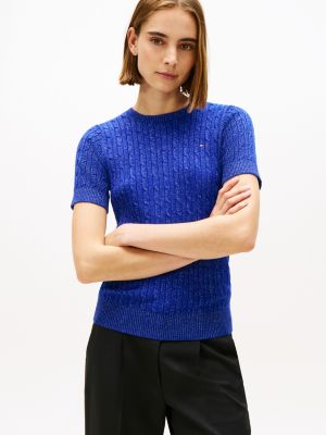 Short-Sleeve Cable Knit Shimmer Sweater, Twilight Lapis