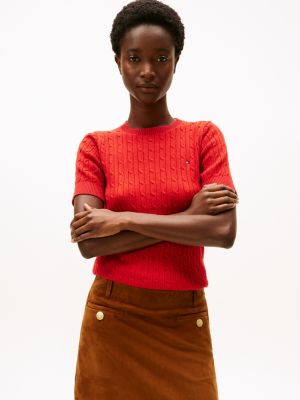 Short-Sleeve Cable Knit Shimmer Sweater, Deep Crimson