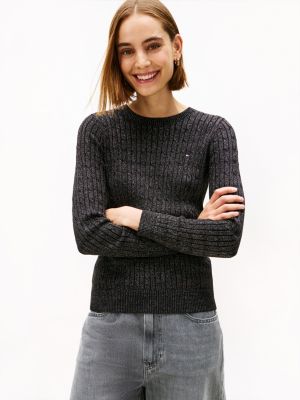 Cable Knit Shimmer Sweater, Black
