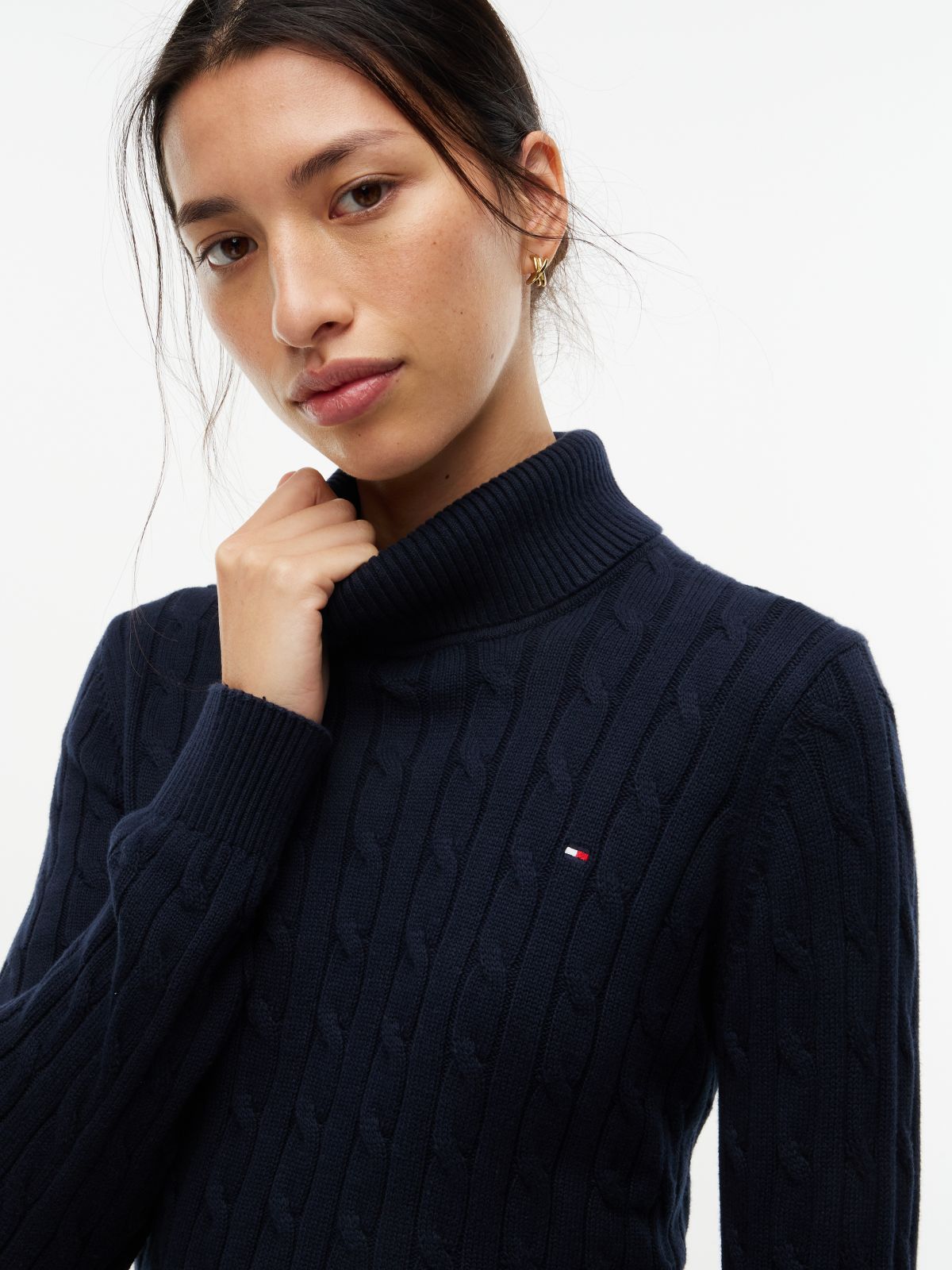 Cable Knit Turtleneck Sweater — Navy