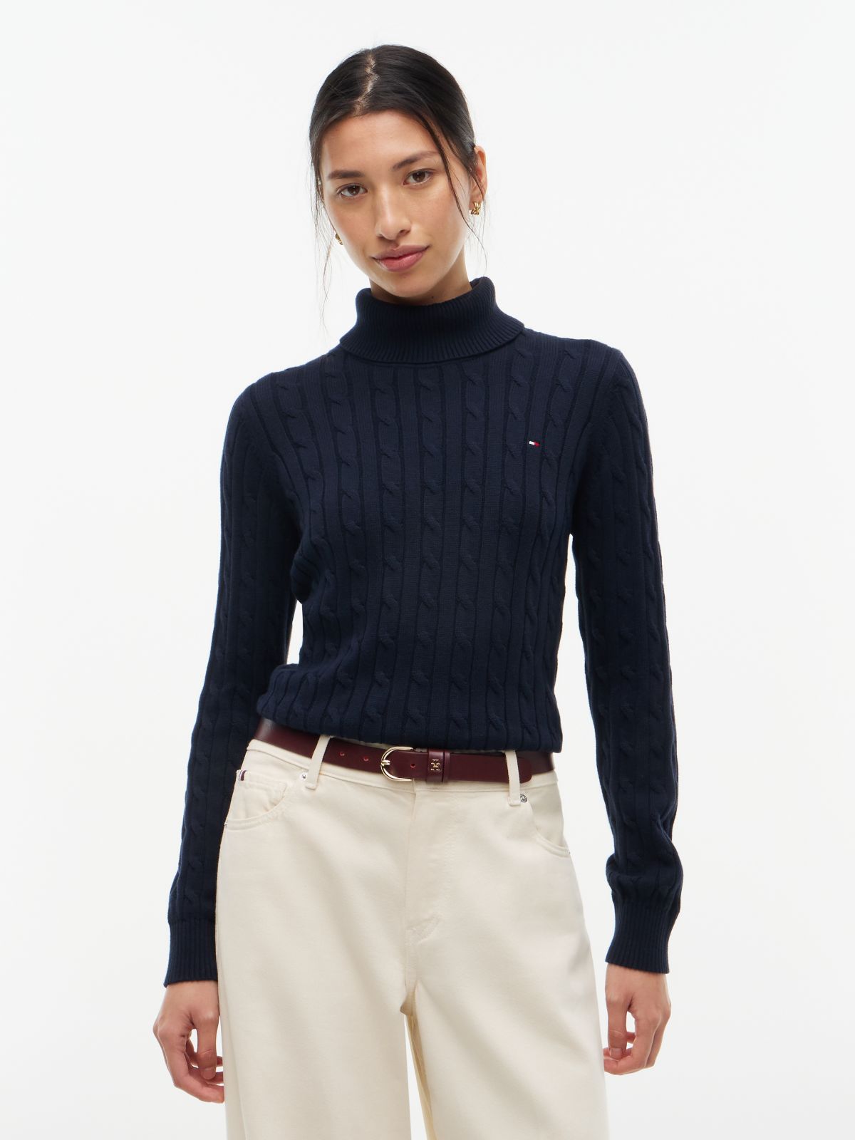 Cable Knit Turtleneck Sweater — Navy