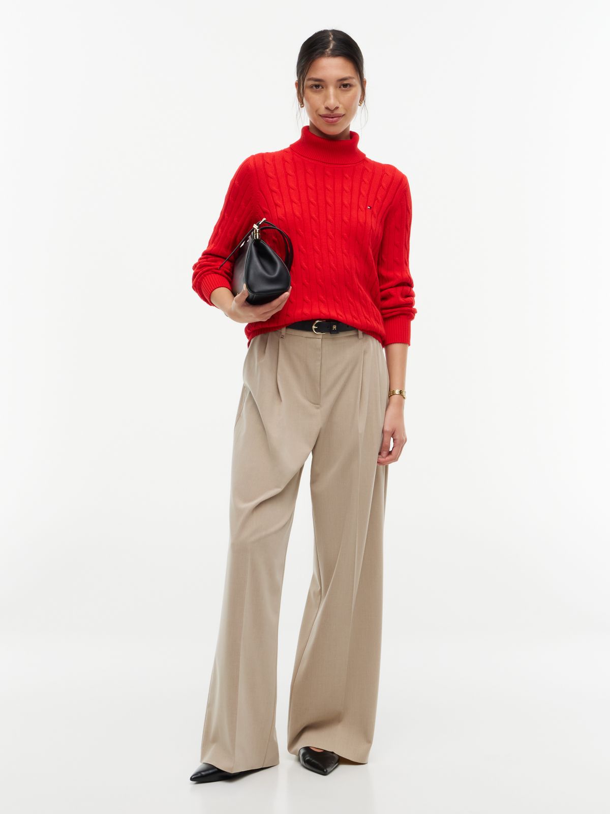 Cable Knit Turtleneck Sweater — Deep Crimson