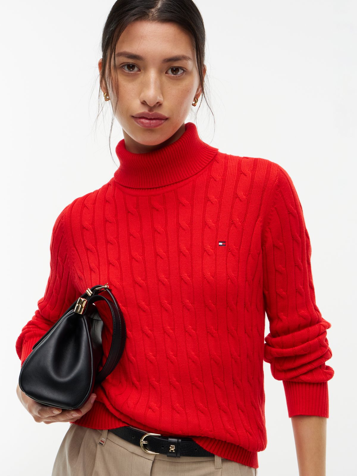 Cable Knit Turtleneck Sweater — Deep Crimson