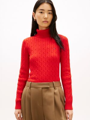 Cable Knit Turtleneck Sweater, Deep Crimson