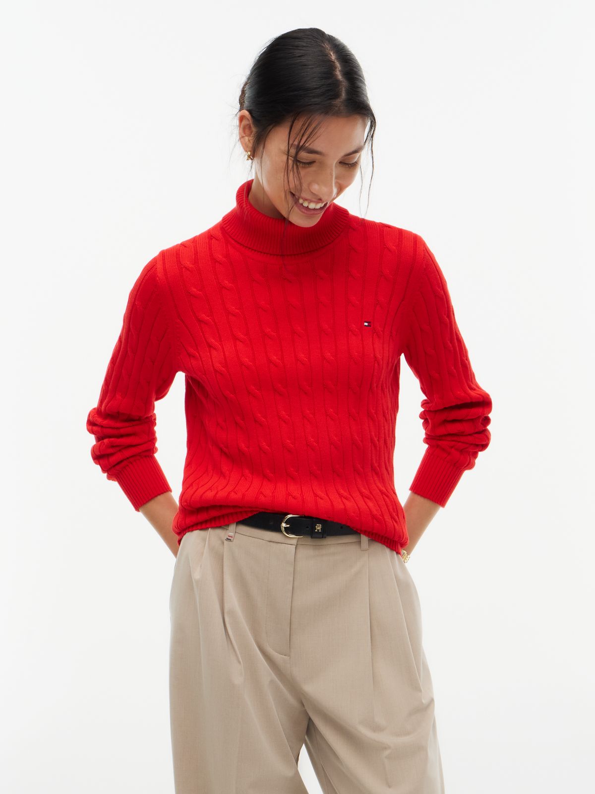 Cable Knit Turtleneck Sweater — Deep Crimson
