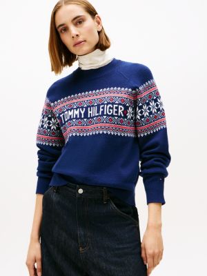 Fair Isle Monotype Logo Crewneck Sweater, Carbon Navy