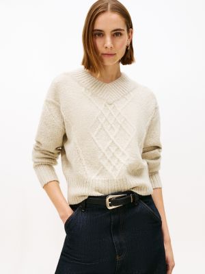 Cable Knit Shimmer V-Neck Sweater, Beige