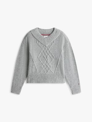 Женский свитер Tommy Hilfiger Cable Knit Shimmer V-Neck, цвет: Средний серый меланжевый — фото 5