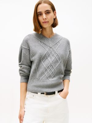 Cable Knit Shimmer V-Neck Sweater, Medium Grey Heather