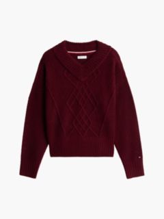 Cable Knit Shimmer V-Neck Sweater — Burgundy 5