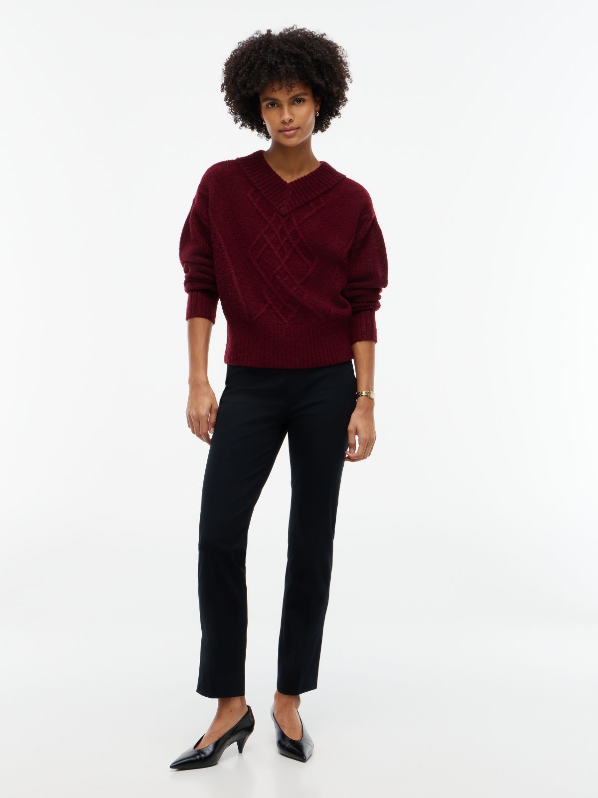 Cable Knit Shimmer V-Neck Sweater — Burgundy
