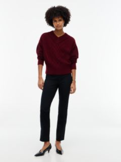 Cable Knit Shimmer V-Neck Sweater — Burgundy 2