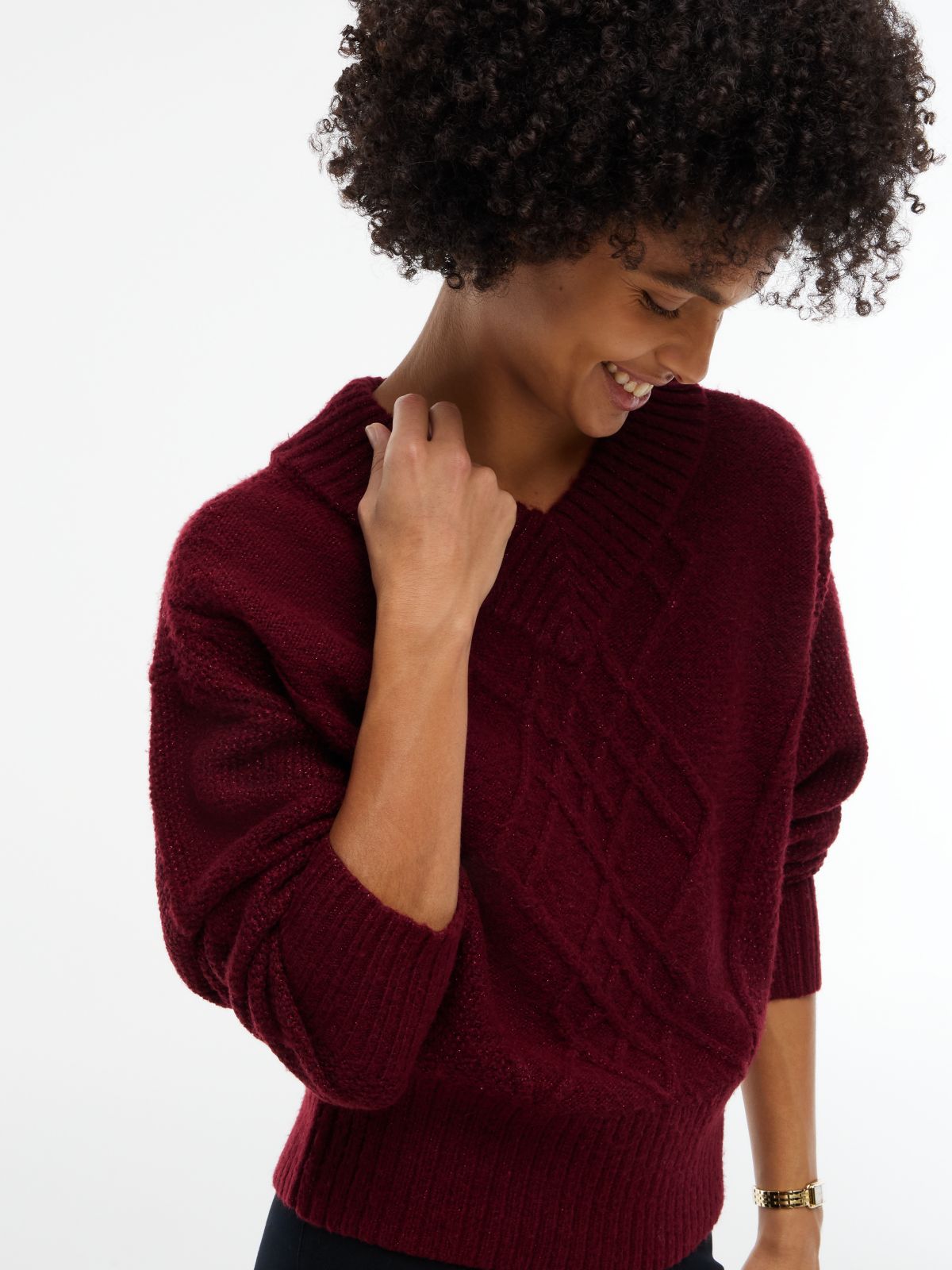 Cable Knit Shimmer V-Neck Sweater — Burgundy