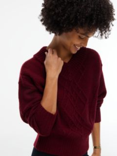 Cable Knit Shimmer V-Neck Sweater — Burgundy 3