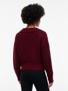 Cable Knit Shimmer V-Neck Sweater — Burgundy 4
