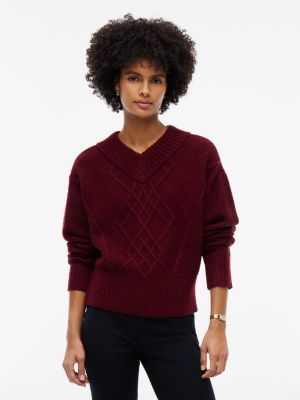 Cable Knit Shimmer V-Neck Sweater, Burgundy