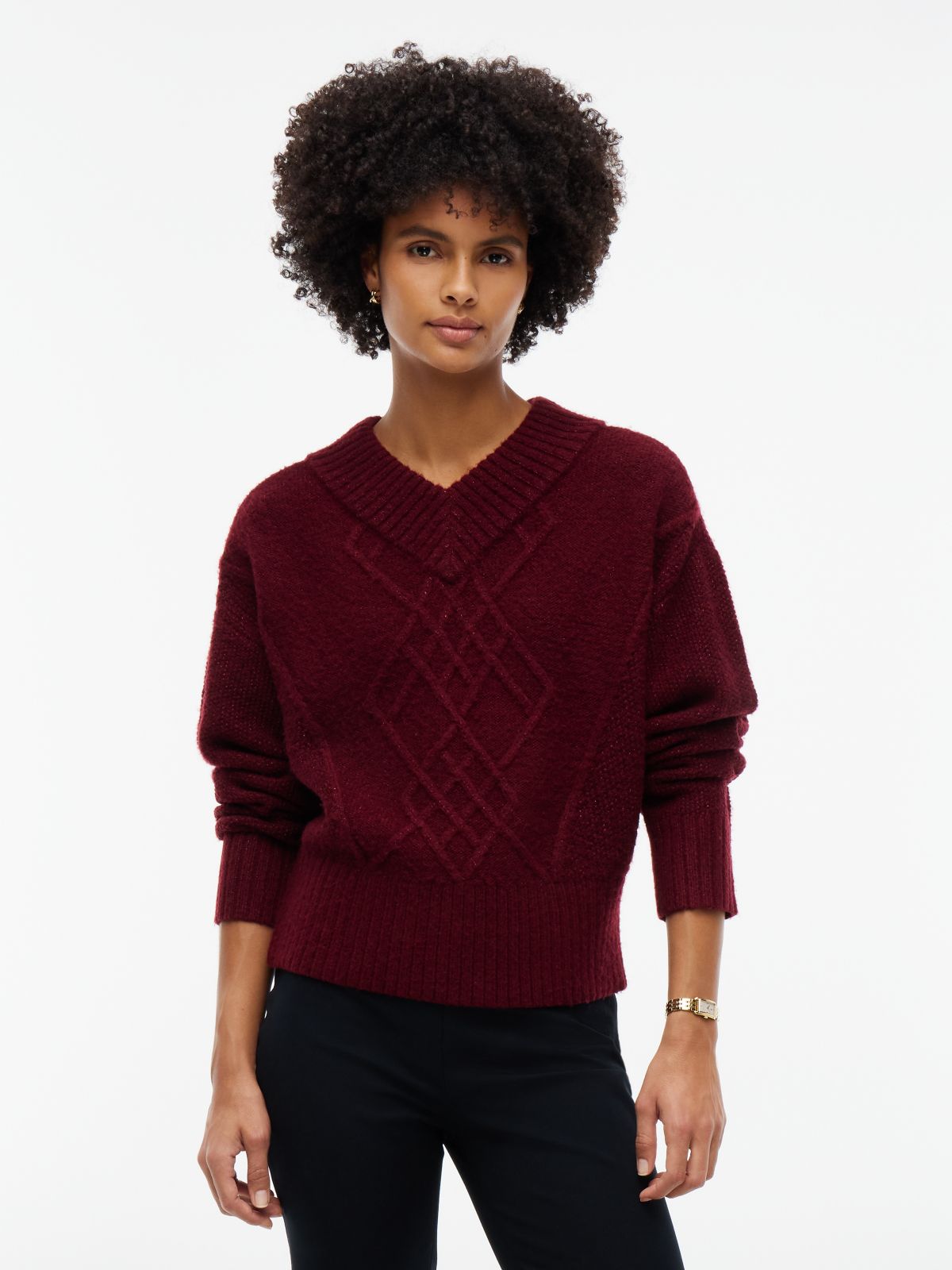 Cable Knit Shimmer V-Neck Sweater — Burgundy
