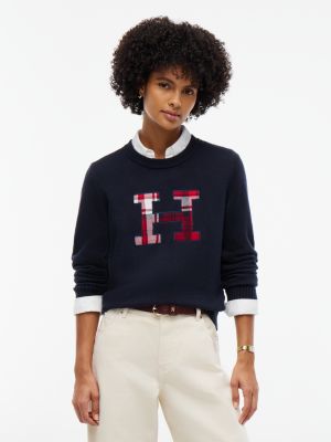 Plaid Monogram Crewneck Sweater, Navy