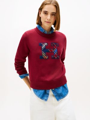 Plaid Monogram Crewneck Sweater, Rouge