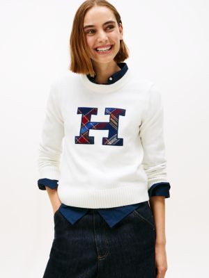Plaid Monogram Crewneck Sweater, Ivory