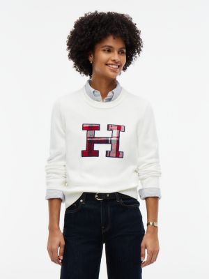 Plaid Monogram Crewneck Sweater, Ecru