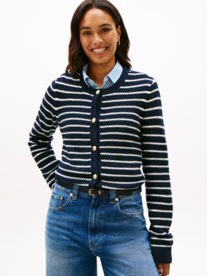 Gold-Button Stripe Cardigan, Navy