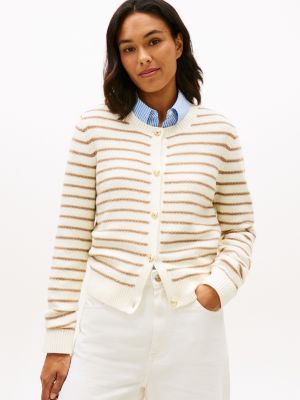 Gold-Button Stripe Cardigan, Rich Cream