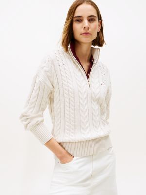 Cable Knit Quarter-Zip Sweater, Beige