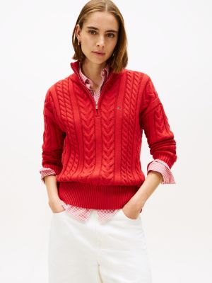 Cable Knit Quarter-Zip Sweater, Bright Red