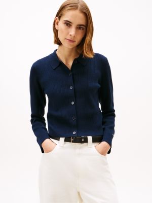 Rib-Knit Polo Cardigan, Navy