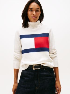 Intarsia Flag Logo Turtleneck Sweater, Ivory Flag