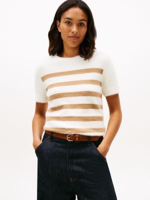 Stripe Short-Sleeve Fuzzy Sweater, Rich Cream