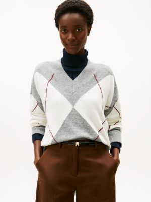 Argyle V-Neck Sweater, Beige