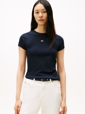 Embroidered Flag Crewneck T-Shirt, Navy Blue