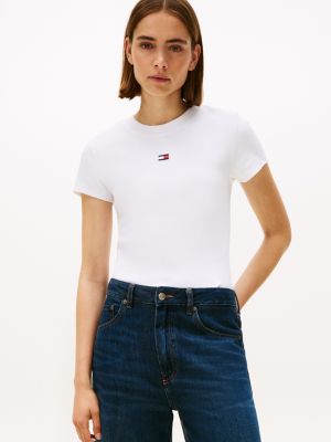 Embroidered Flag Crewneck T-Shirt, Optic White