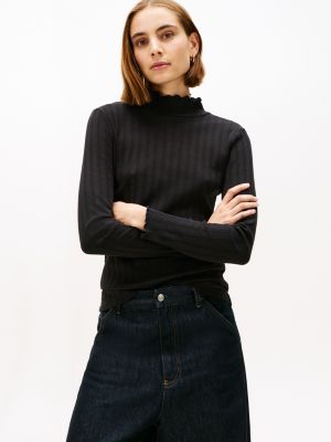 Lettuce-Trim Pointelle Turtleneck T-Shirt, Black