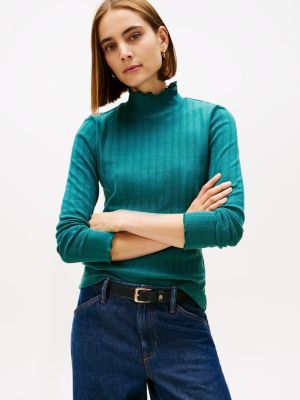 Lettuce-Trim Pointelle Turtleneck T-Shirt, Atlantis Green