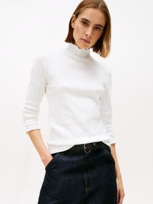 Lettuce-Trim Pointelle Turtleneck T-Shirt, Ecru