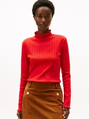 Lettuce-Trim Pointelle Turtleneck T-Shirt, Deep Crimson