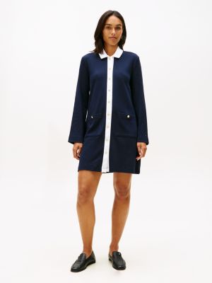 Mod Gold-Button Interlock Shirtdress, Navy