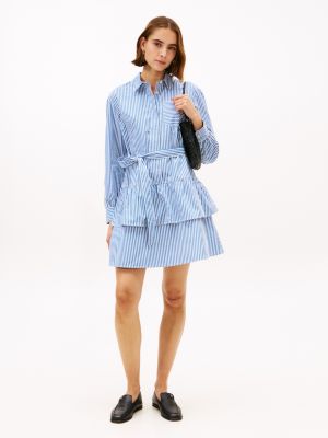 Stripe Tiered Poplin Shirtdress, Vibrant Indigo