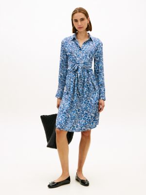 Floral Print Belted Shirtdress, Navy