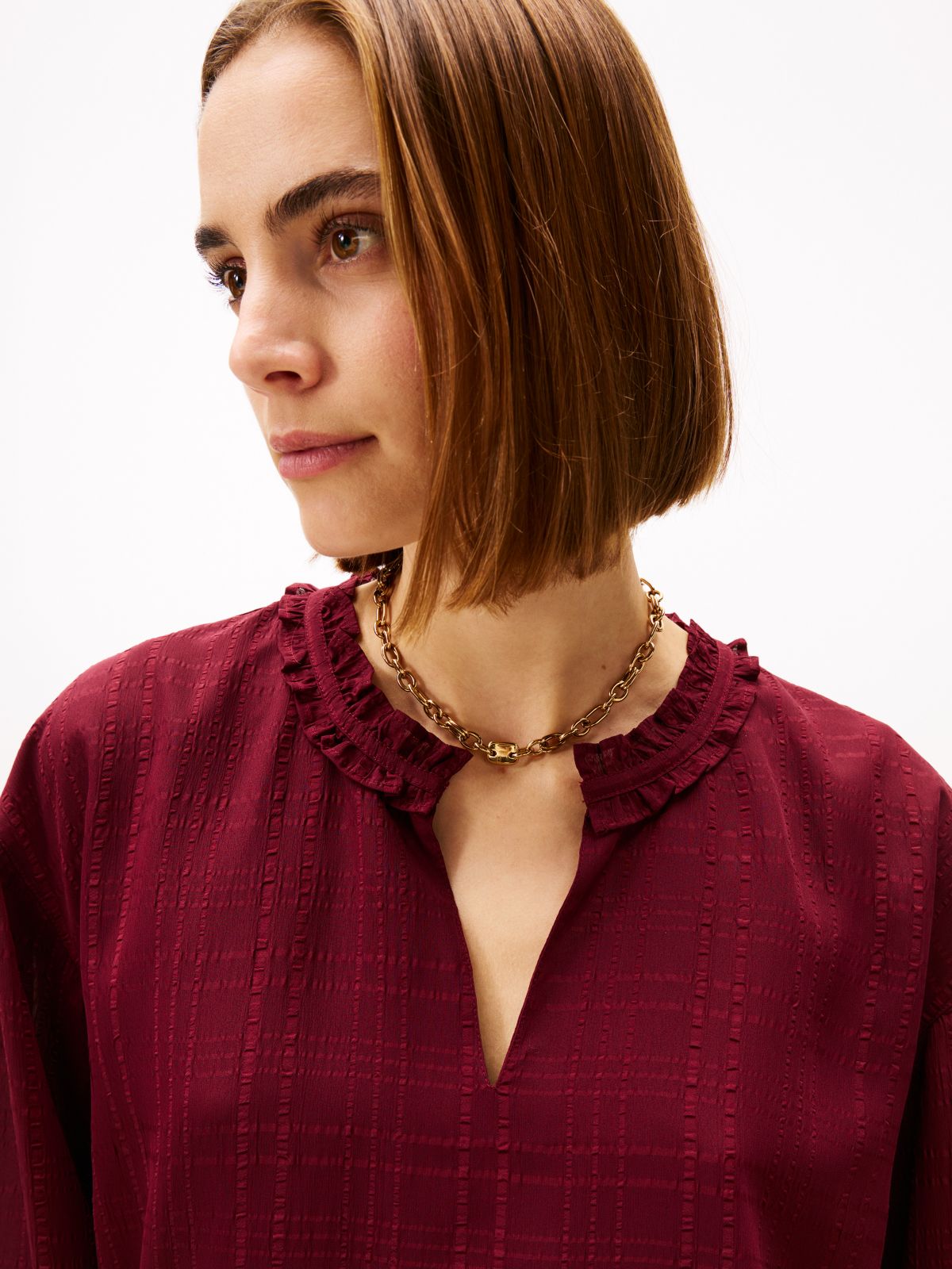 Check Print Chiffon Pullover Blouse — Burgundy