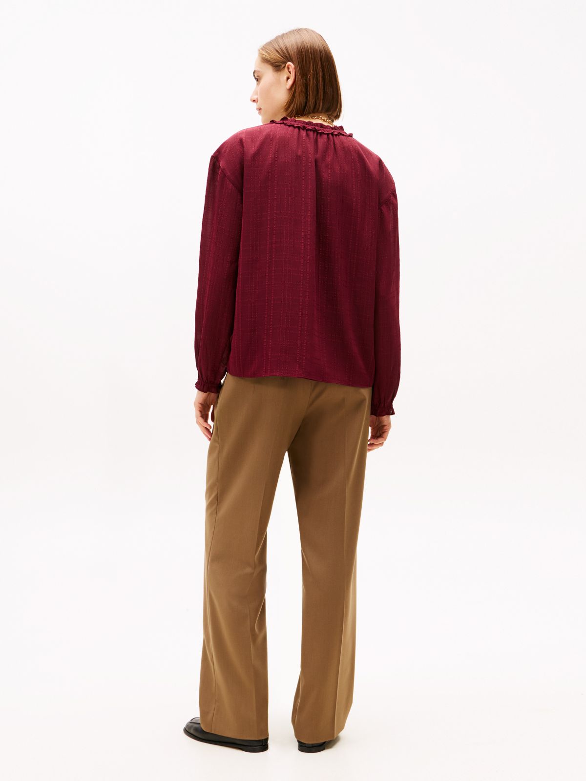 Check Print Chiffon Pullover Blouse — Burgundy