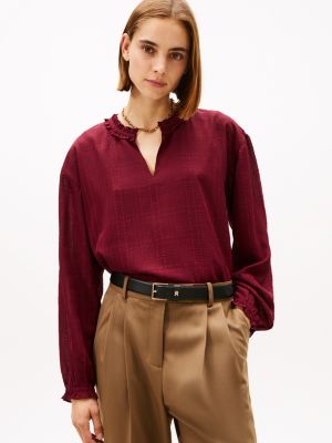 Check Print Chiffon Pullover Top, Deep Rouge