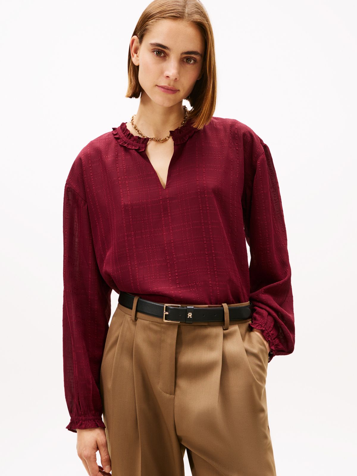 Check Print Chiffon Pullover Blouse — Burgundy